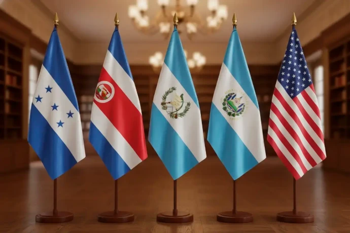 Fabricación de pabellones de gala y banderas de pedestal en Guatemala Pabellones nacionales e internacionales de gala con pedestales de madera, incluyendo las banderas de Honduras, Costa Rica, Guatemala, El Salvador y Estados Unidos en un salón de protocolo.