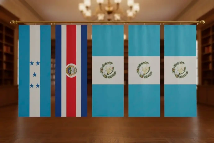 Fabricación de banderolas verticales y estandartes de gala en Guatemala Banderolas verticales institucionales colgadas en una barra dorada de protocolo, mostrando las banderas de Honduras, Costa Rica y Guatemala en un salón formal.