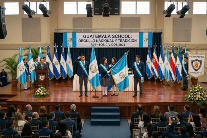 Banderas para Colegios en Guatemala Fabricación y venta de banderas para colegios en Guatemala instaladas en un escenario para actos cívicos.