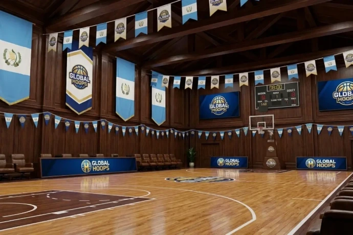 Banderas y Banderines Deportivos en Guatemala Decoración de gimnasio con banderines colgantes y banderas de Guatemala para eventos deportivos.
