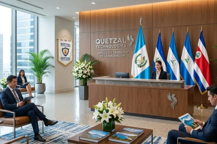 banderas-para-negocios-en-guatemala.webp Venta de banderas para negocios y oficinas corporativas en Guatemala colocadas en una recepción.